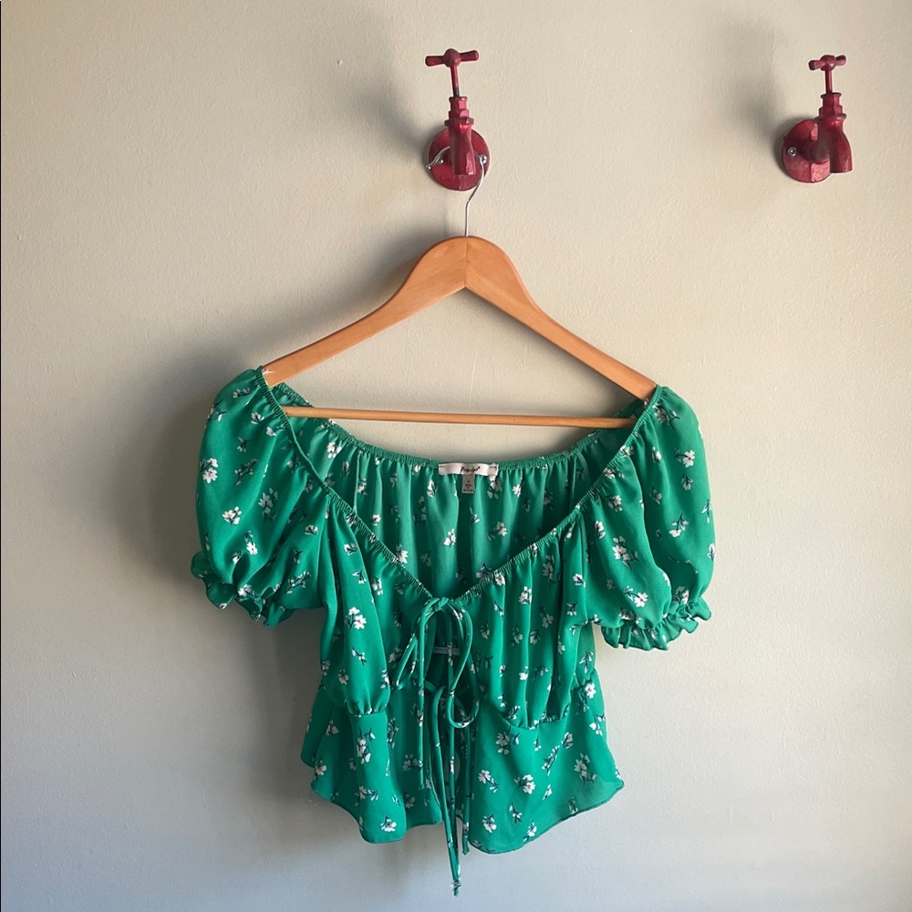 PAPAYA || Green Floral Print Shirred Puff Sleeve Milkmaid Top Size Small
